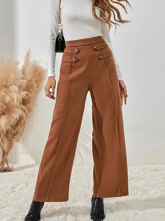 High-Waist Wide Leg Pants – Elegant Button Detail for Spring & Fall
