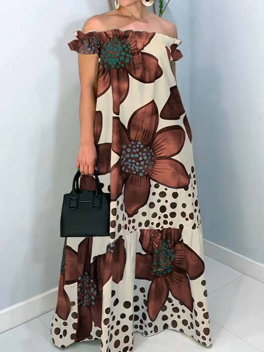 Plus Size Boho Maxi Jurk met Bloemenprint en Schoudervrije Halslijn