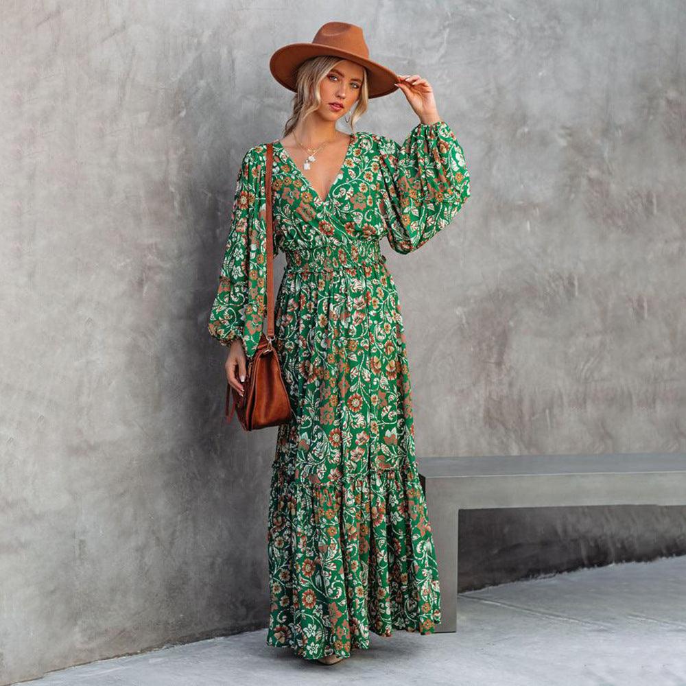 Boheemse Groene Maxi Jurk met Bloemenprint voor Dames