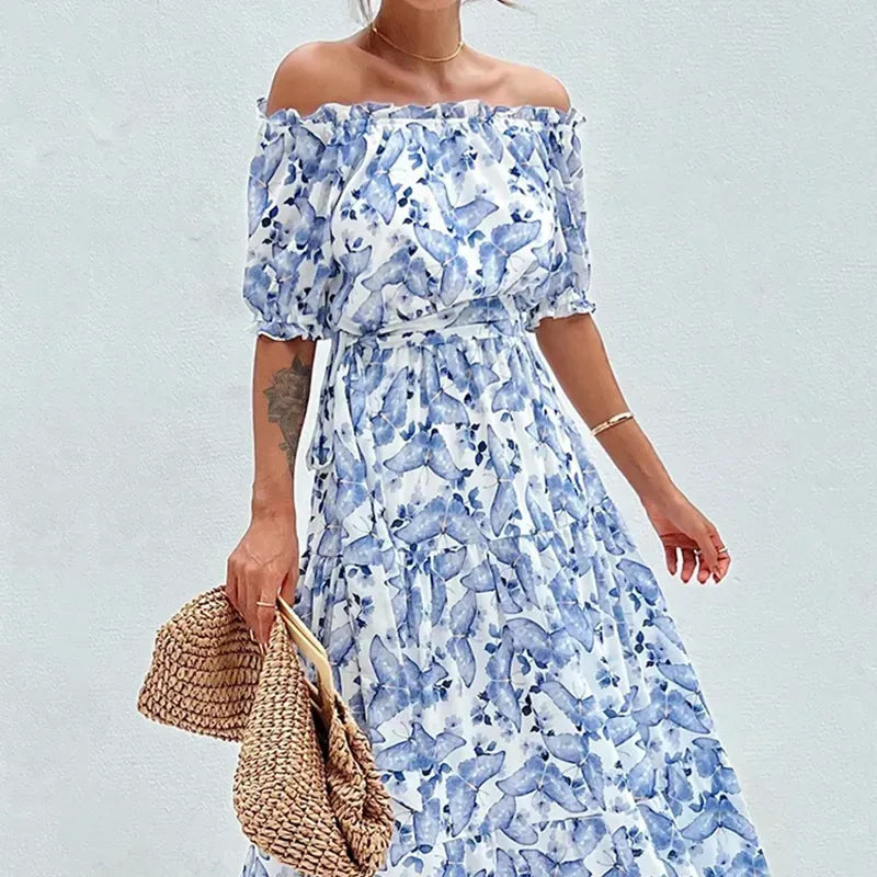 Lange Off-Shoulder Zomerjurk met Bloemenprint en Elegante Pasvorm