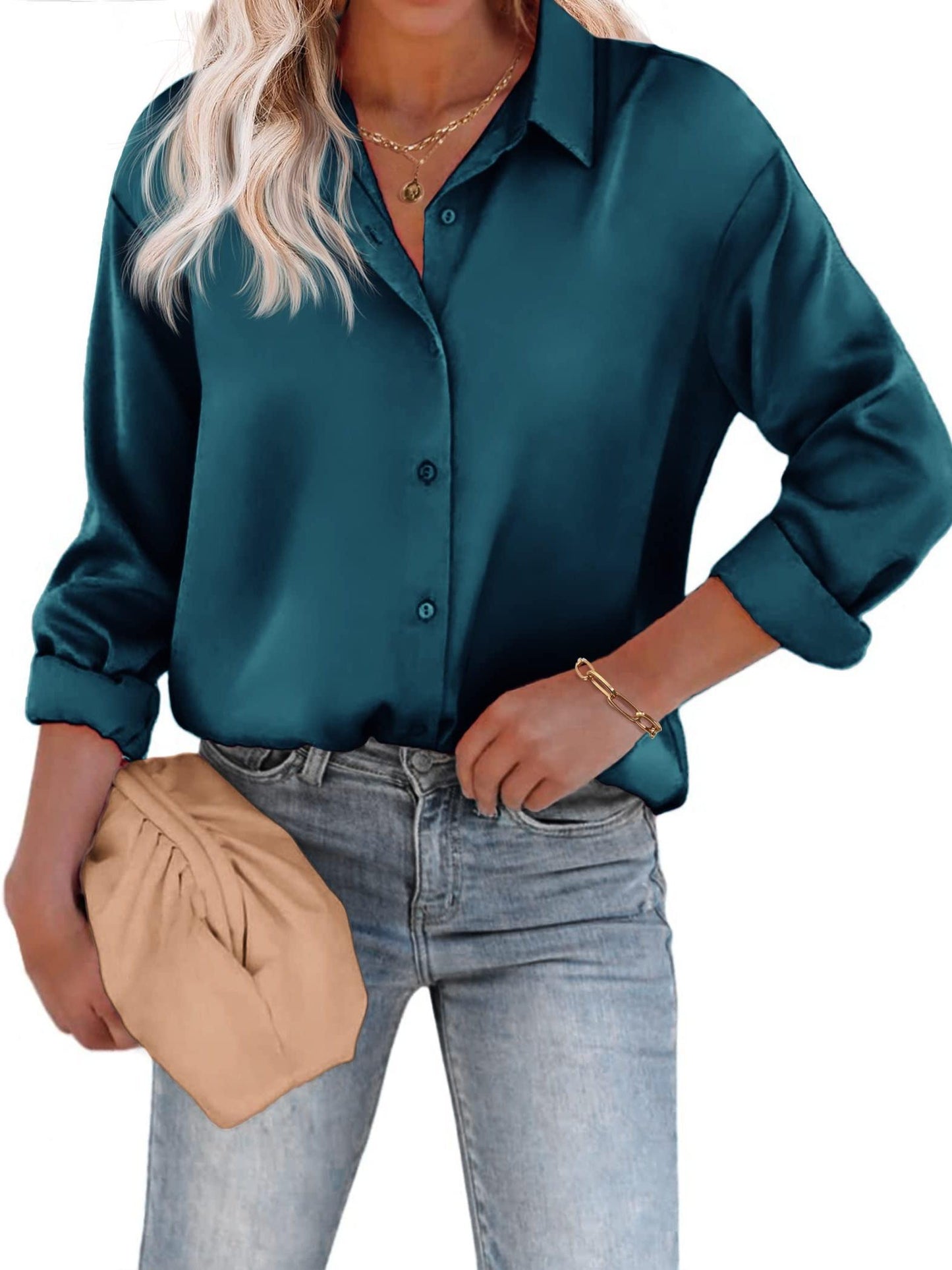 Satijnen Damesblouse met Knoopsluiting en Lange Mouwen – Casual & Elegant