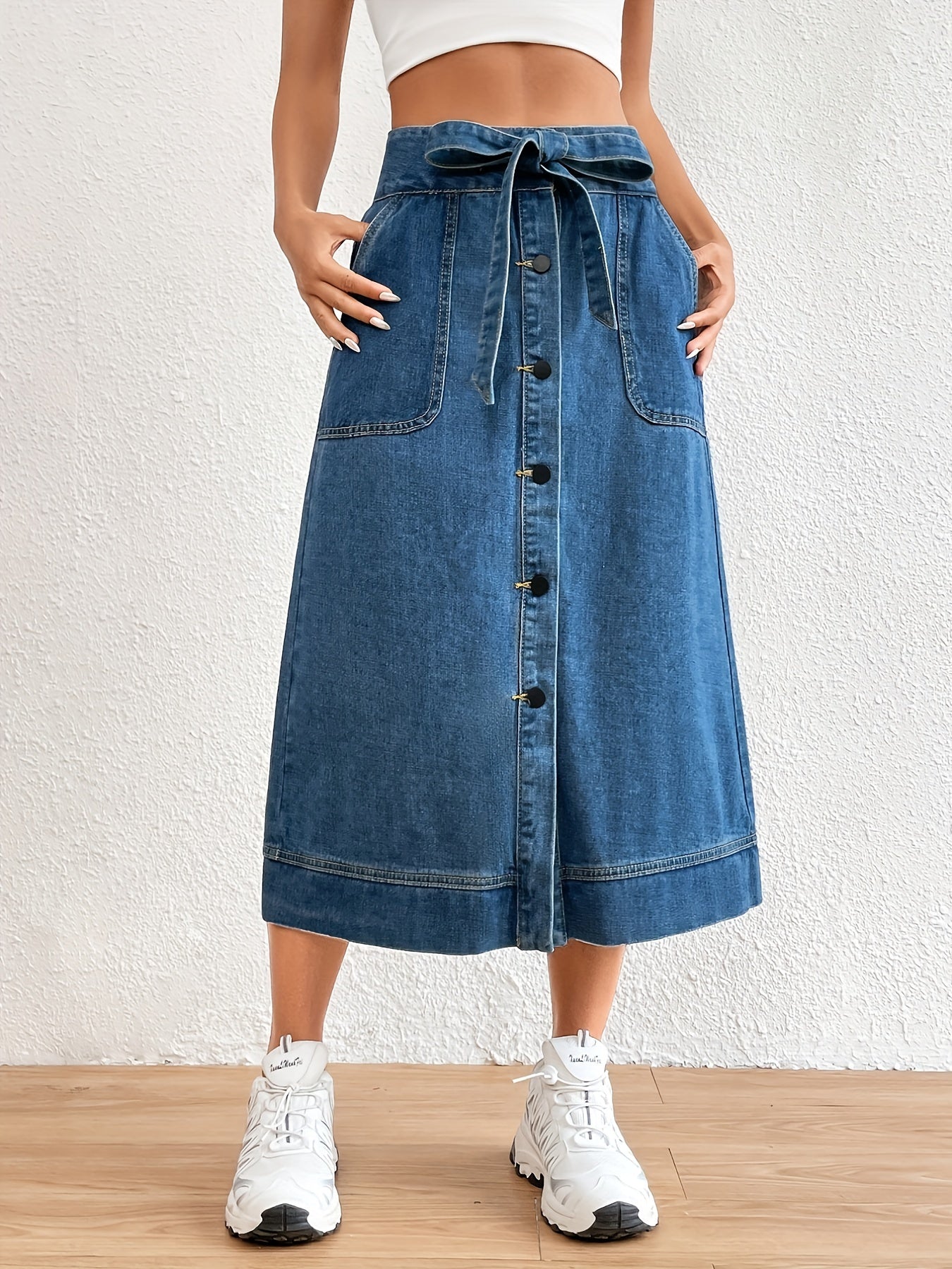 Effen Denim Midi Rok met Strikceintuur voor Dames