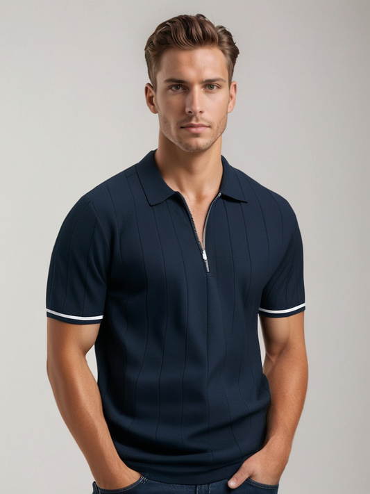 Heren Polo met Rits – Modern Design & Geribbelde Textuur