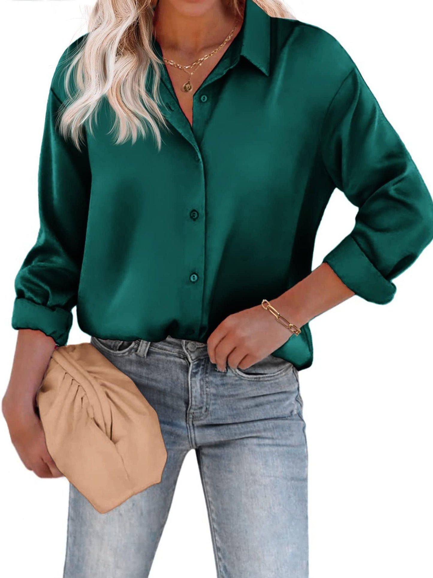 Satijnen Damesblouse met Knoopsluiting en Lange Mouwen – Casual & Elegant