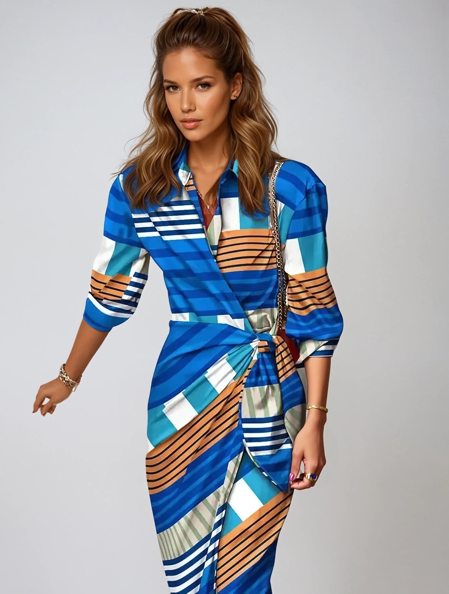 Gestreepte Wikkeljurk Dames – Levendige & Chic Zomerjurk met Tailleband