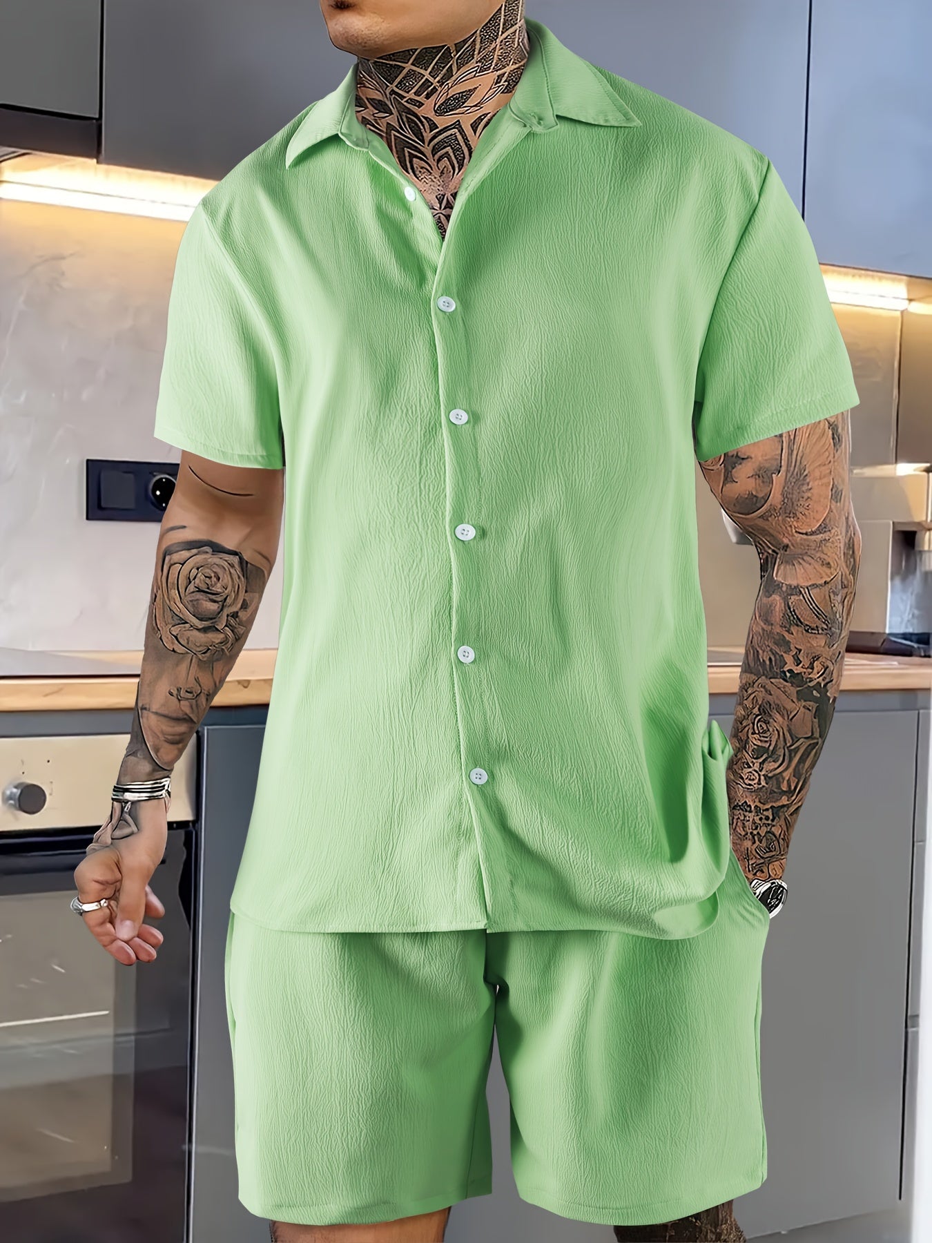 Tweedelige heren zomerset – overhemd met reverskraag en korte broek