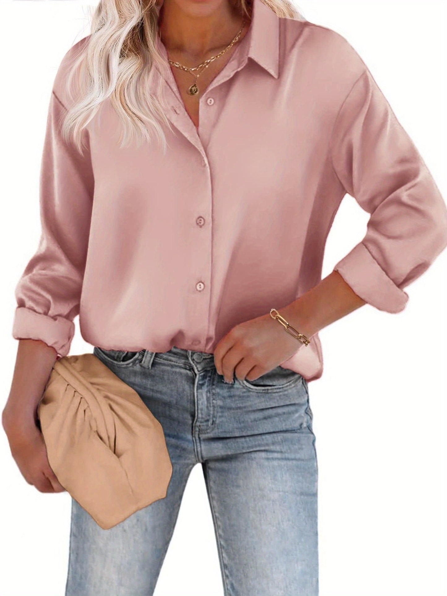 Satijnen Damesblouse met Knoopsluiting en Lange Mouwen – Casual & Elegant