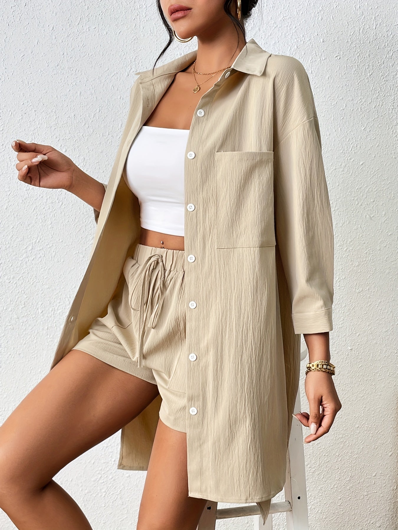 weedelige dames set met overhemd en short