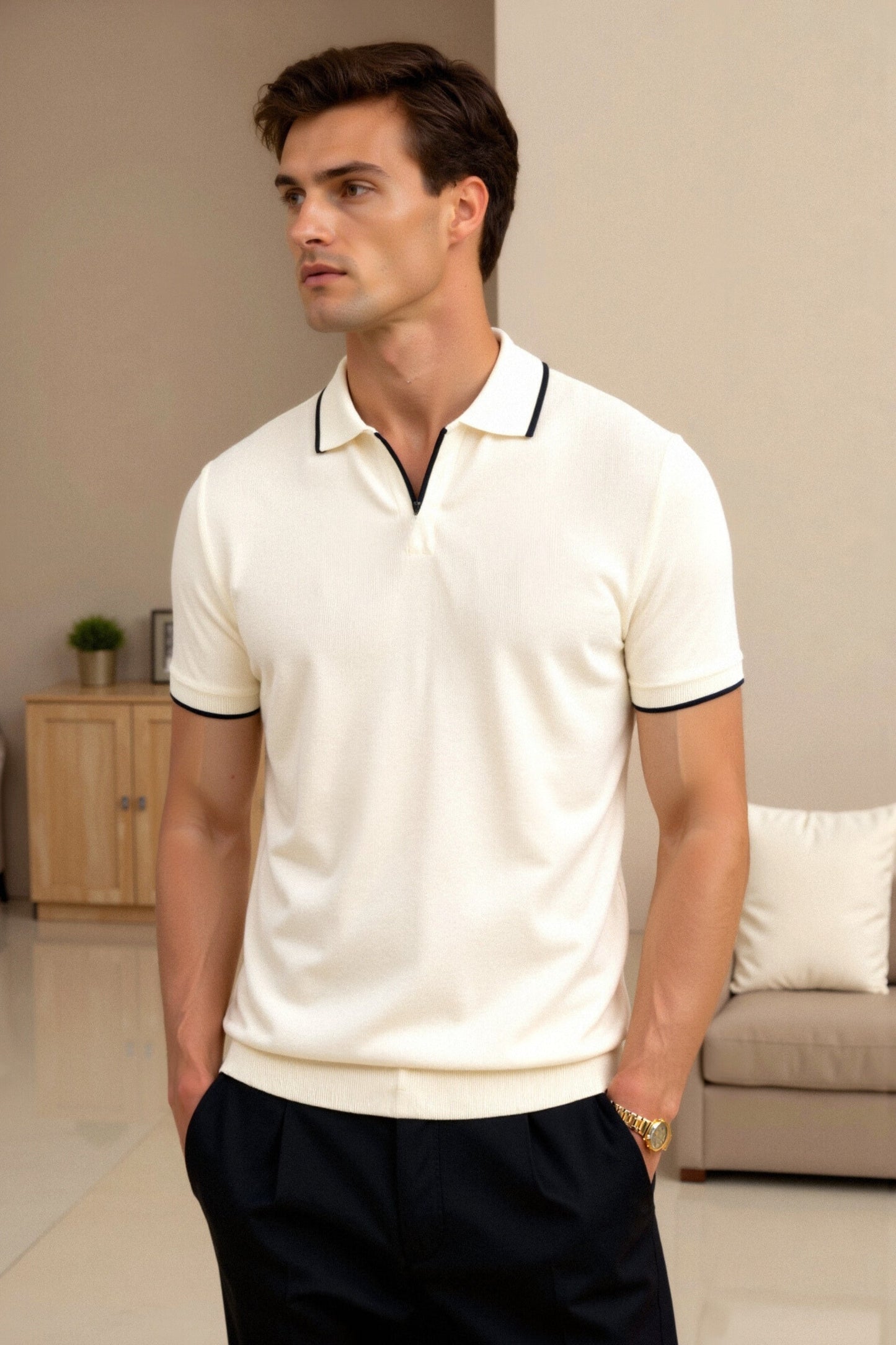 Stijlvol Heren Poloshirt met Contrasterende Details – Crème & Zwart