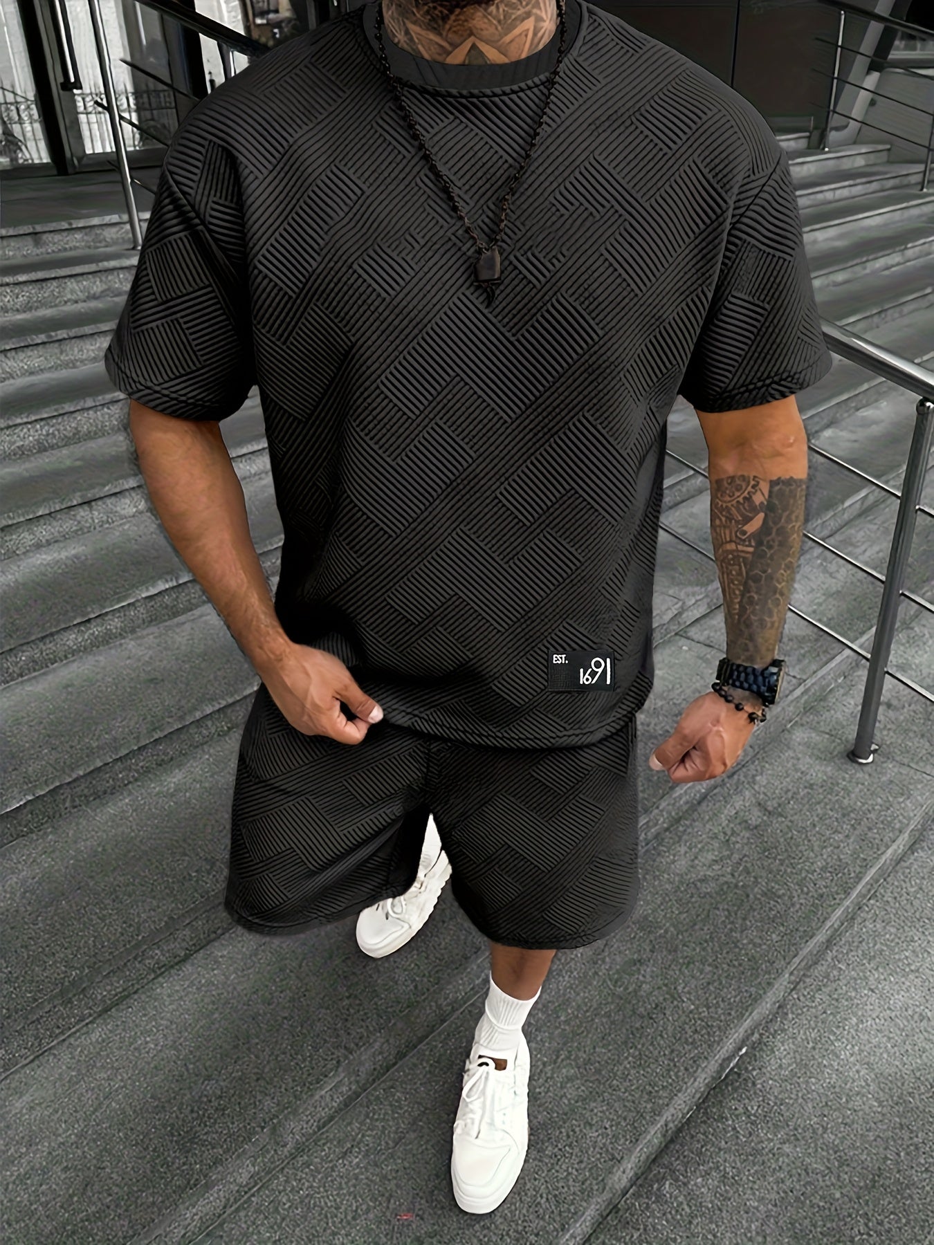 Men's Jacquard T-Shirt & Shorts Set – Casual, Sporty Summer Outfit