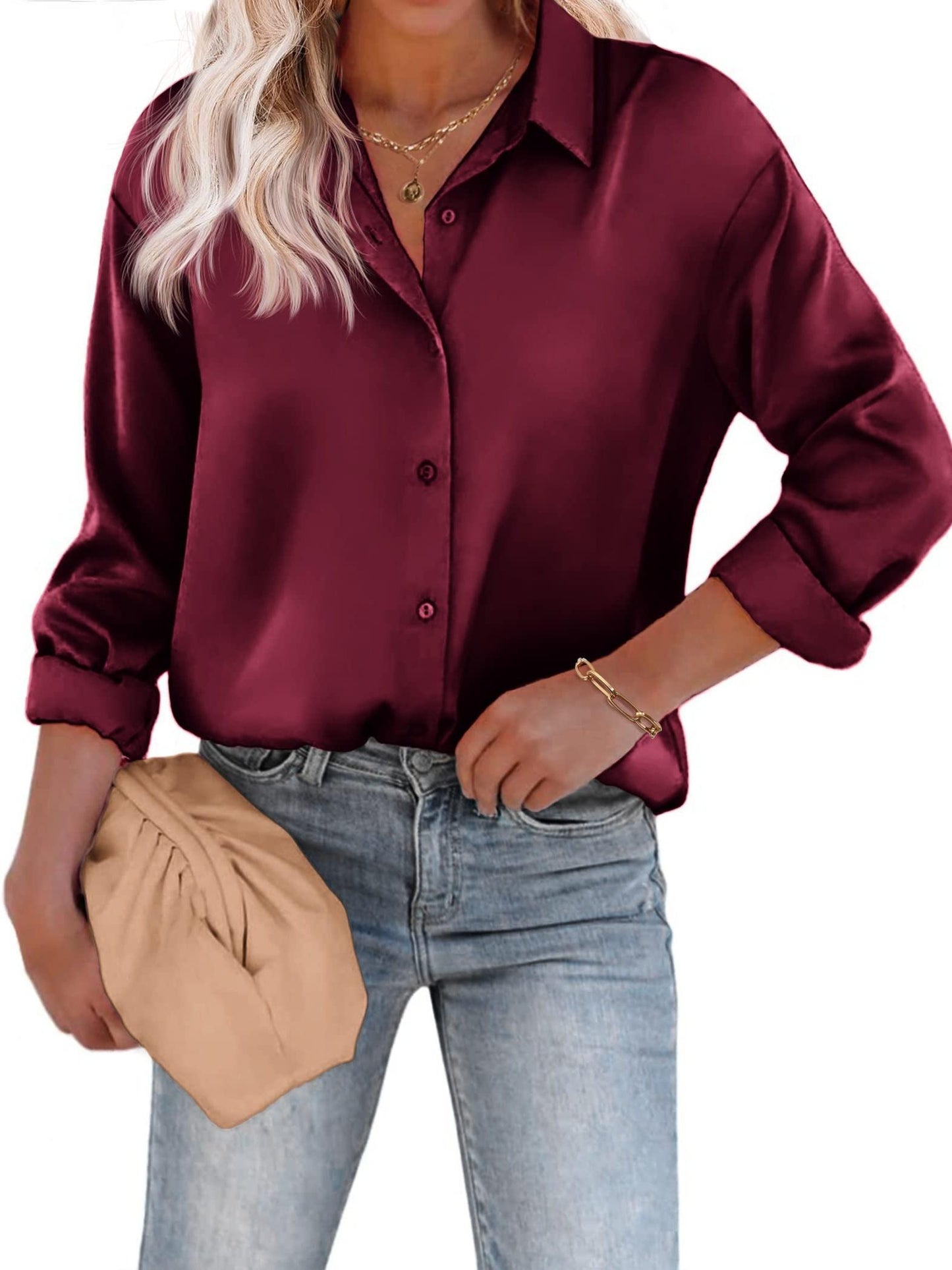 Satijnen Damesblouse met Knoopsluiting en Lange Mouwen – Casual & Elegant