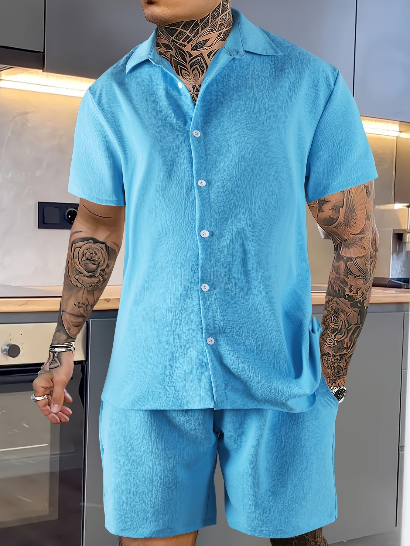 Tweedelige heren zomerset – overhemd met reverskraag en korte broek