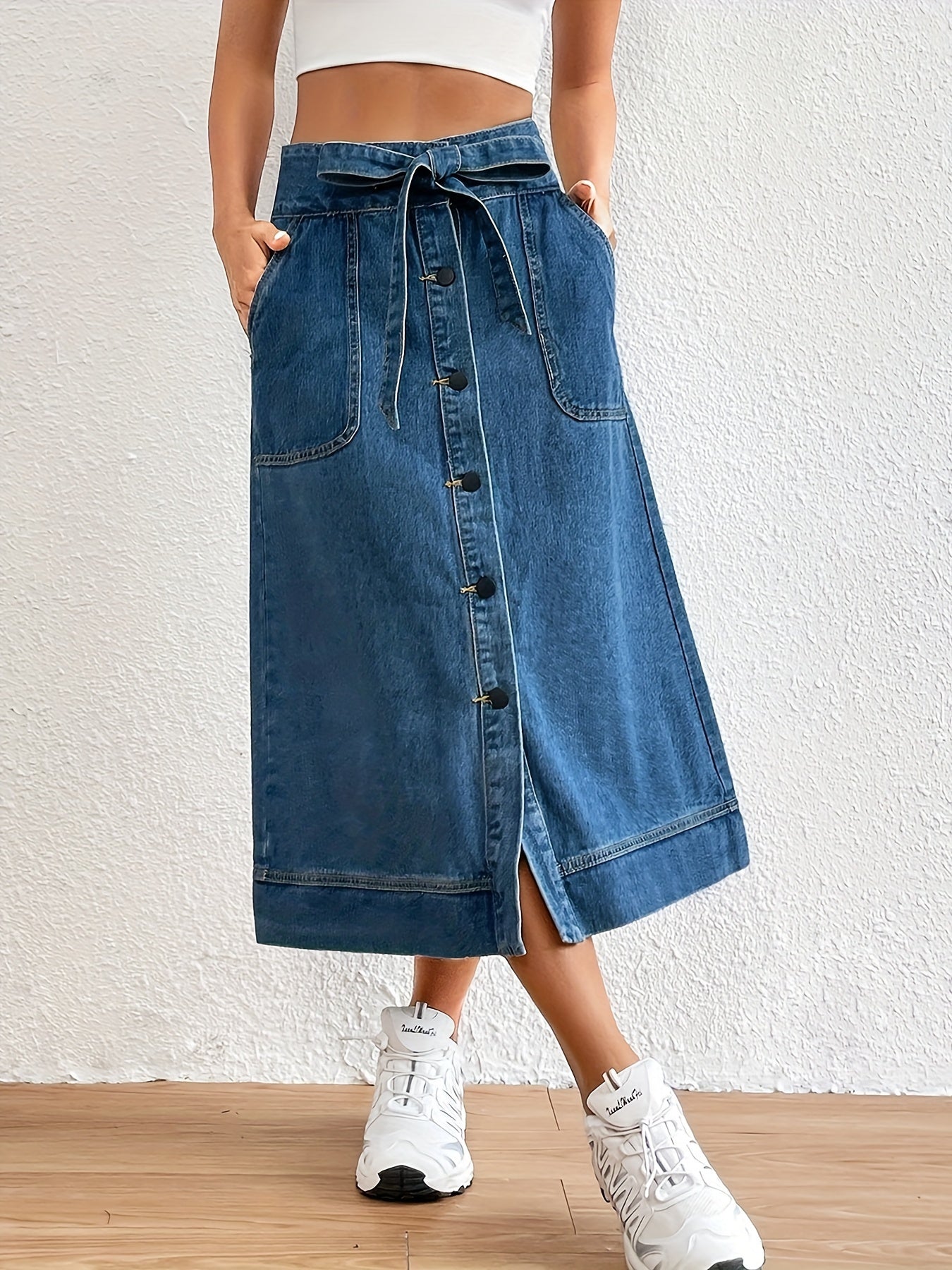 Effen Denim Midi Rok met Strikceintuur voor Dames
