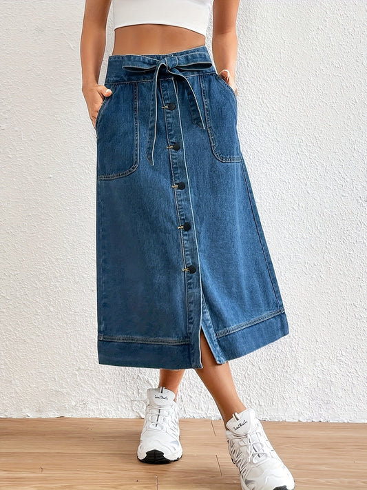 Effen Denim Midi Rok met Strikceintuur voor Dames