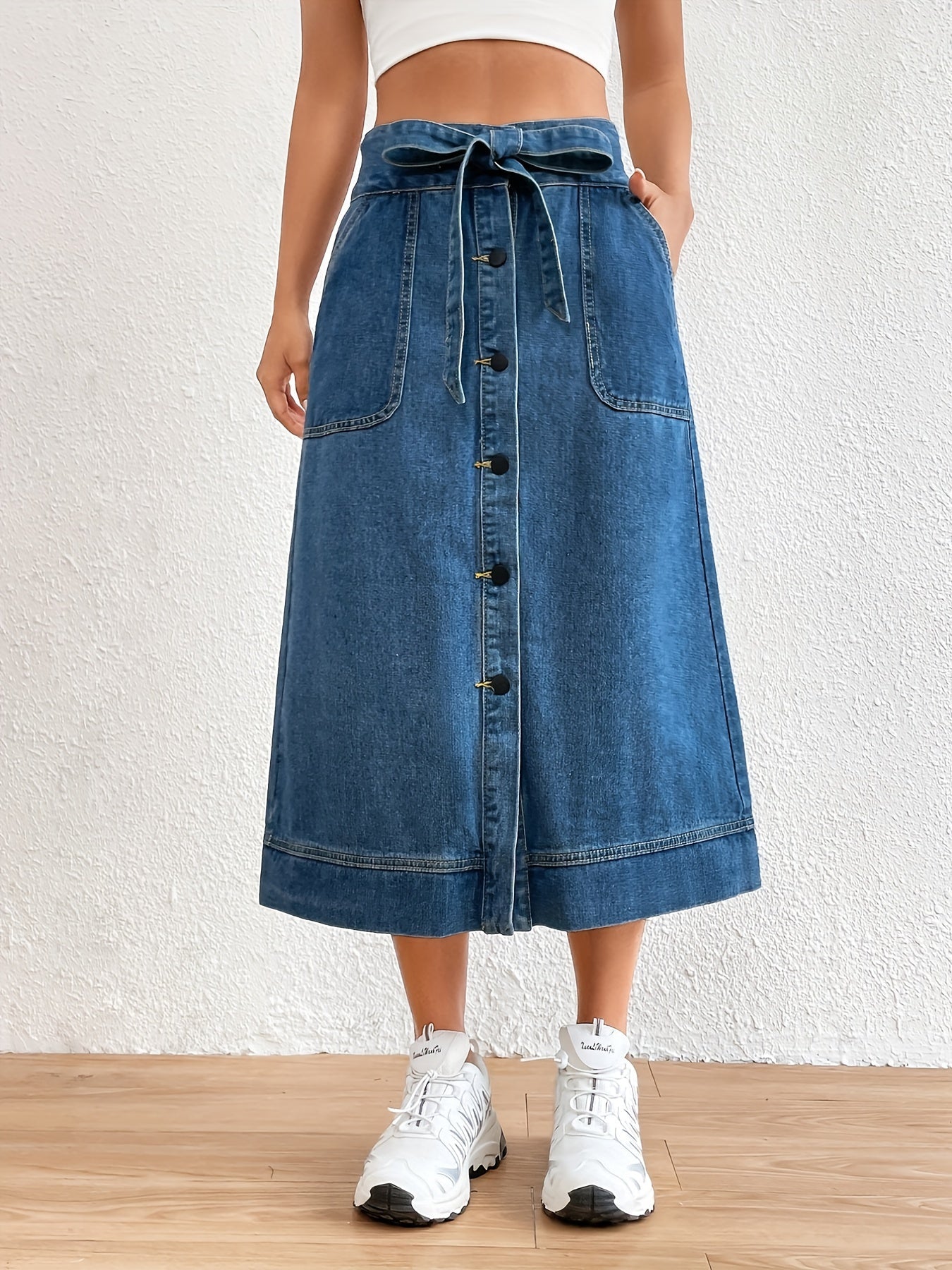 Effen Denim Midi Rok met Strikceintuur voor Dames