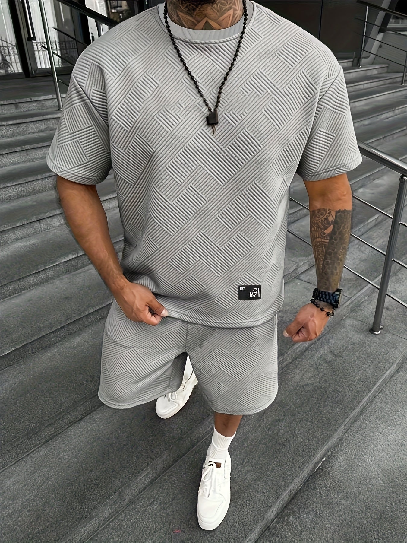 Men's Jacquard T-Shirt & Shorts Set – Casual, Sporty Summer Outfit