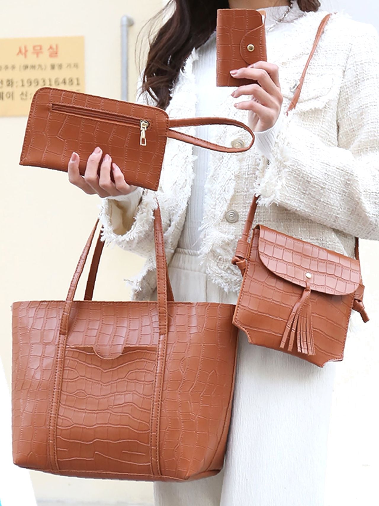 Geëmbosseerde Dames Tote Bag Set met Krokodillenmotief – 3-Delige Tassenensemble