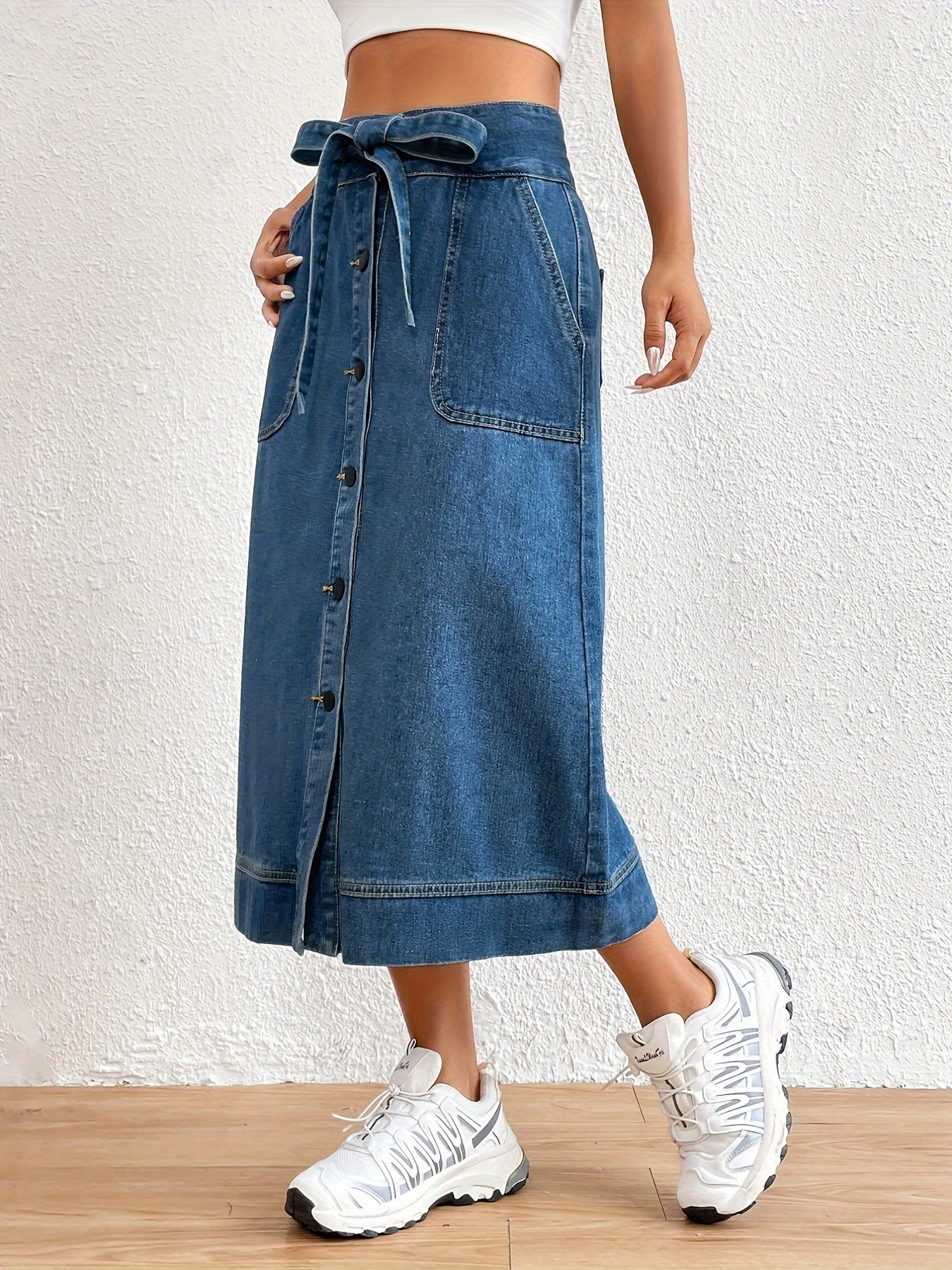 Effen Denim Midi Rok met Strikceintuur voor Dames