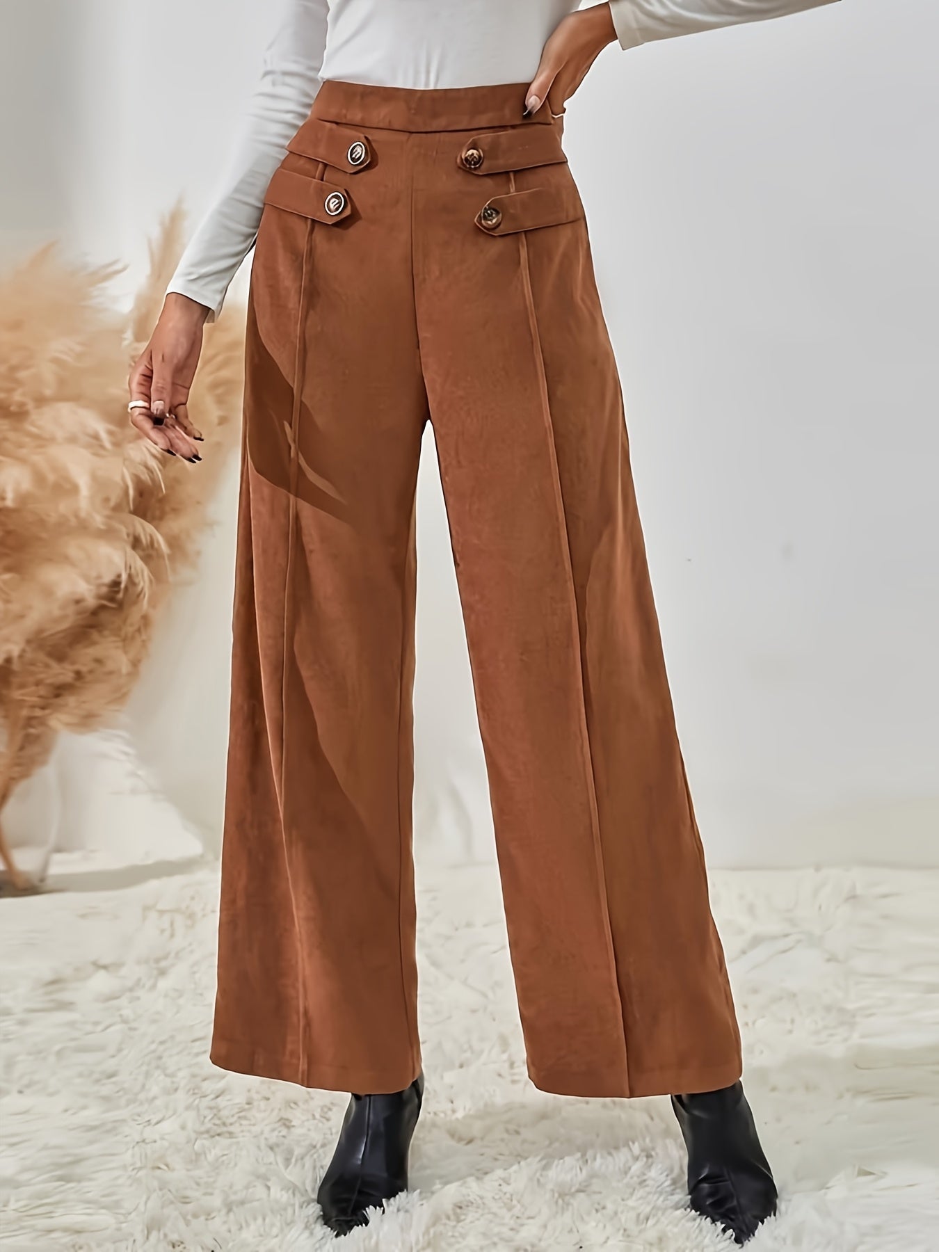 High-Waist Wide Leg Pants – Elegant Button Detail for Spring & Fall