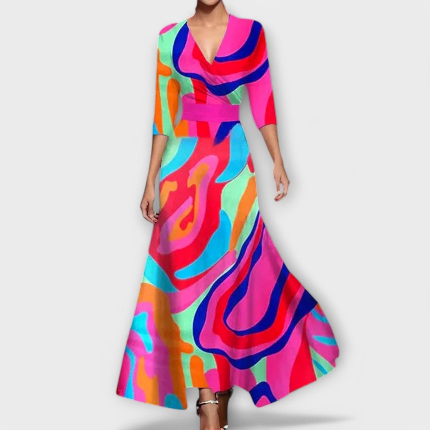 Lange Damesjurk met Overslag en Driekwart Mouwen – Elegant & Vloeiend