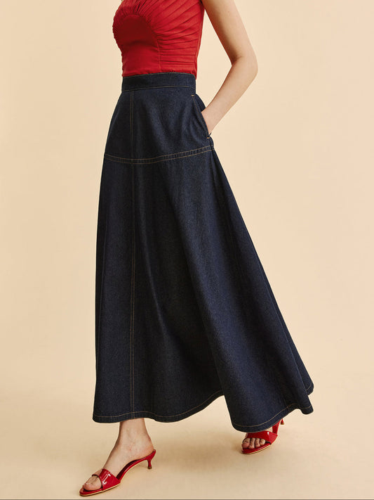 Donkerblauwe Denim Maxi Rok – Hoge Taille & Klassieke Stiksels