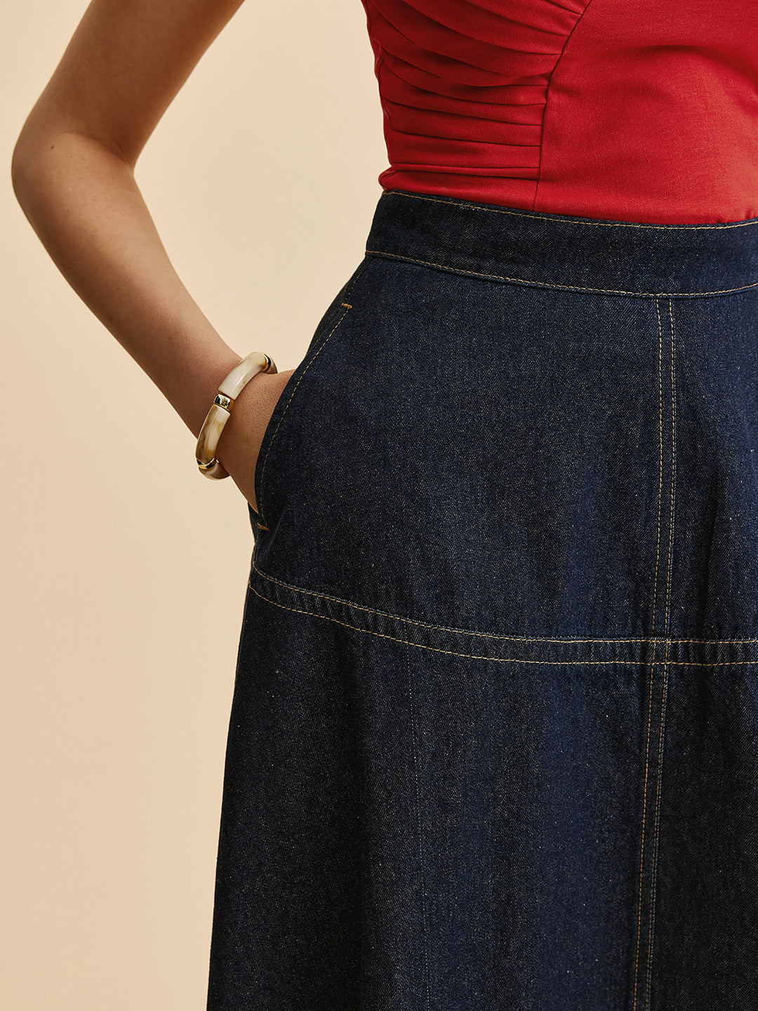 Donkerblauwe Denim Maxi Rok – Hoge Taille & Klassieke Stiksels