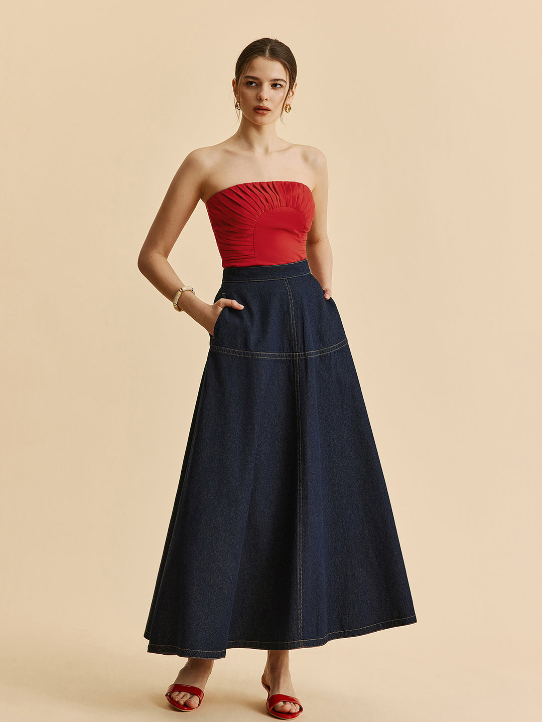 Donkerblauwe Denim Maxi Rok – Hoge Taille & Klassieke Stiksels