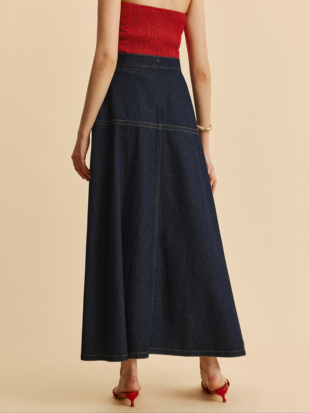 Donkerblauwe Denim Maxi Rok – Hoge Taille & Klassieke Stiksels