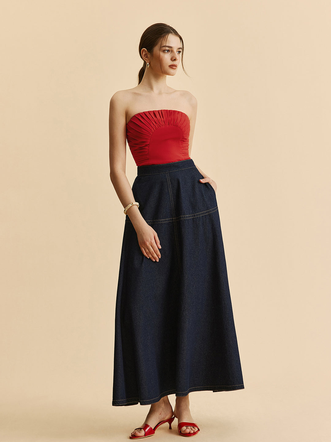 Donkerblauwe Denim Maxi Rok – Hoge Taille & Klassieke Stiksels