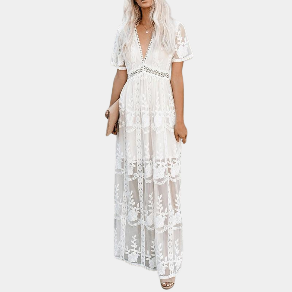 Elegante avondjurk met kanten details – vloeiend en stijlvol