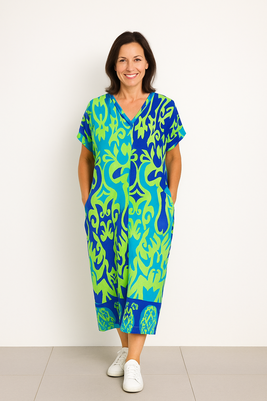 Lange Dames Kaftan Jurk met Vrolijke Print en Luchtige Pasvorm