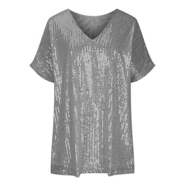 Glinsterend Pailletten T-Shirt met Elegante V-Hals voor Dames