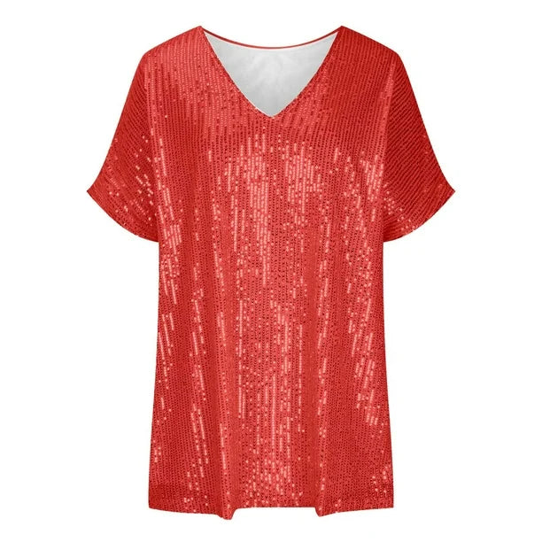 Glinsterend Pailletten T-Shirt met Elegante V-Hals voor Dames