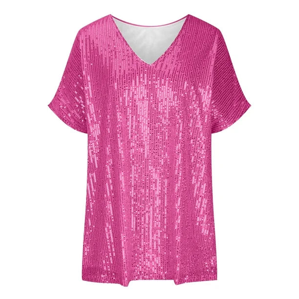 Glinsterend Pailletten T-Shirt met Elegante V-Hals voor Dames