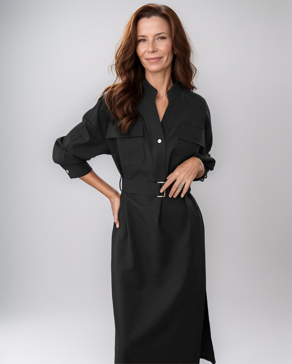 Elegante Damesjurk met V-Hals, Riem en Knoopsluiting