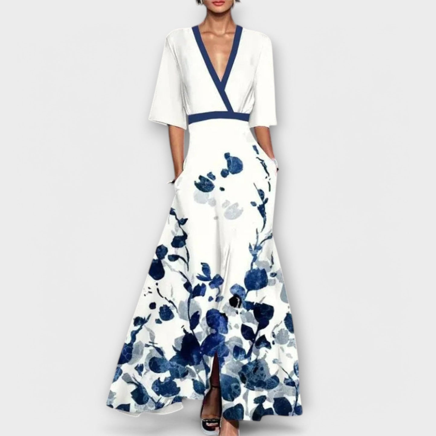 Lange Damesjurk met Overslag en Driekwart Mouwen – Elegant & Vloeiend