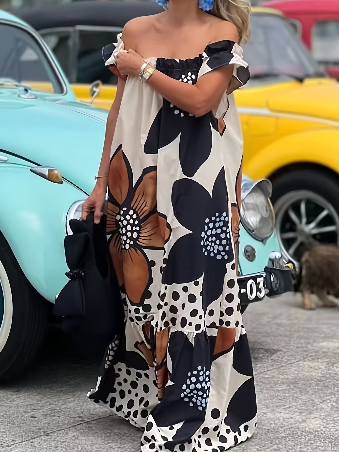 Plus Size Boho Maxi Jurk met Bloemenprint en Schoudervrije Halslijn