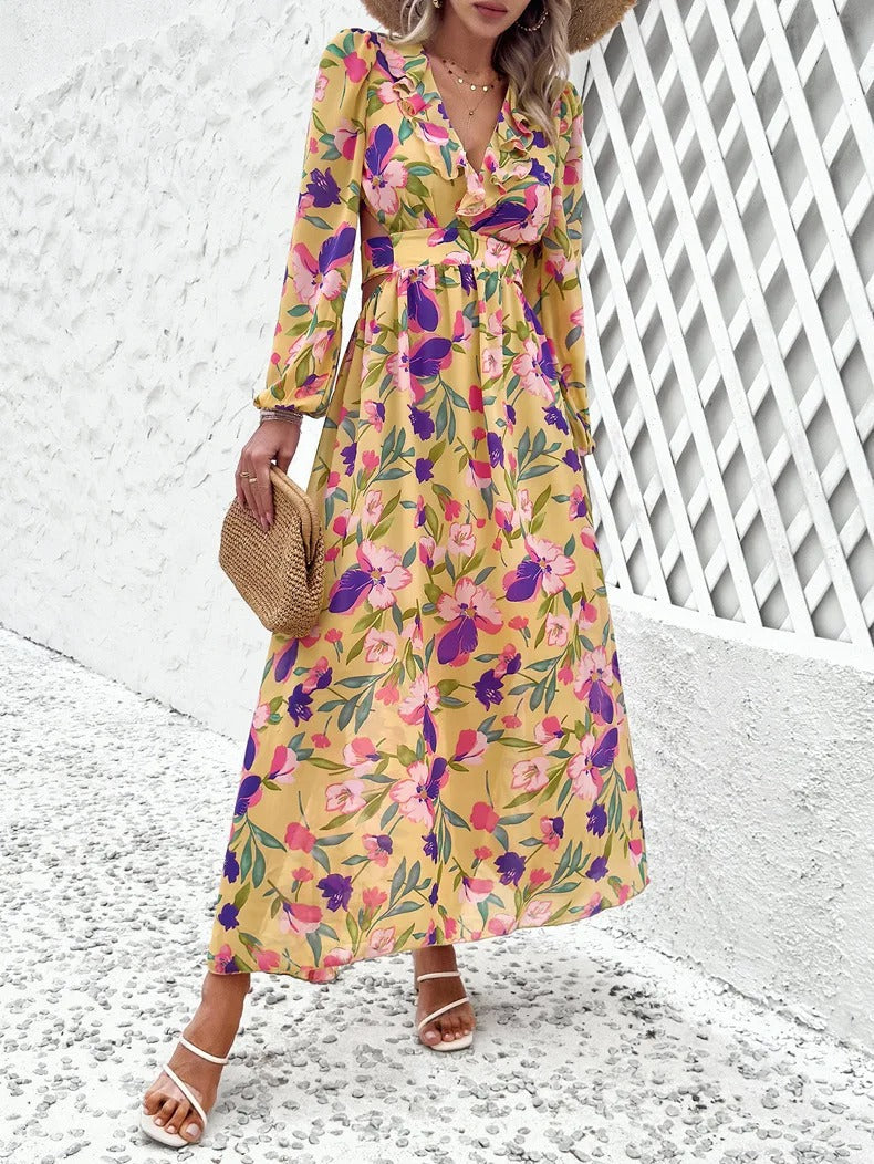 Luchtige Vakantiejurk met V-Hals en Print – Comfortabele Pasvorm Voor Dames