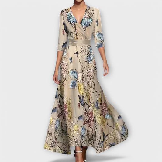 Lange Damesjurk met Overslag en Driekwart Mouwen – Elegant & Vloeiend