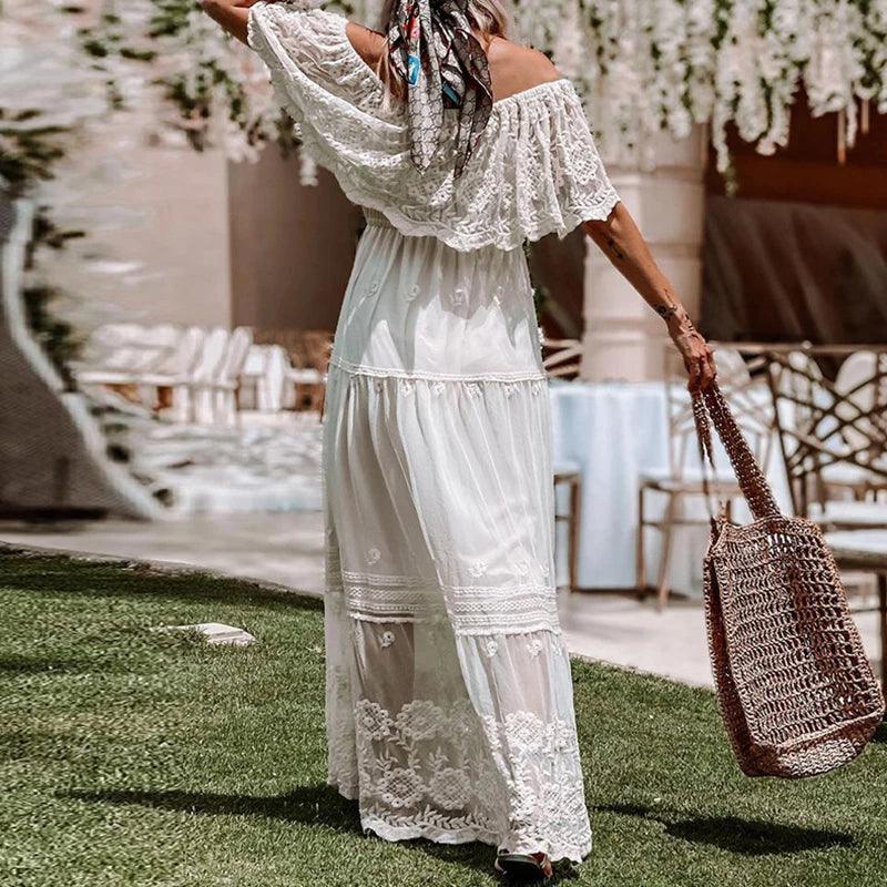 Romantische Maxi Jurk met Off-Shoulder Halslijn en Kantdetails – Voor Dames