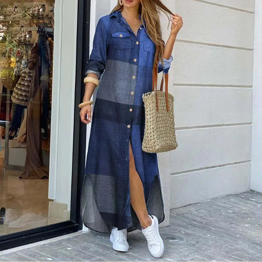 Denimlook Maxi Jurk met Knoopsluiting en Lange Mouwen