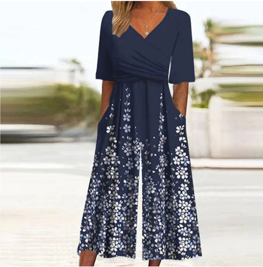 Elegante Dames Jumpsuit met V-Hals en Korte Mouwen