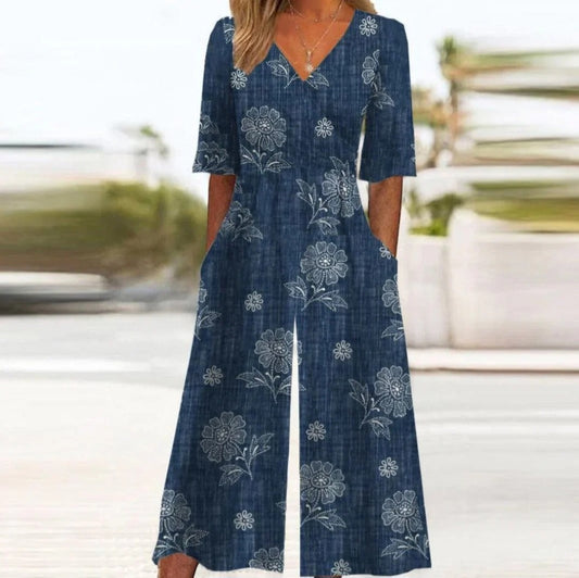 Elegante Dames Jumpsuit met V-Hals en Korte Mouwen