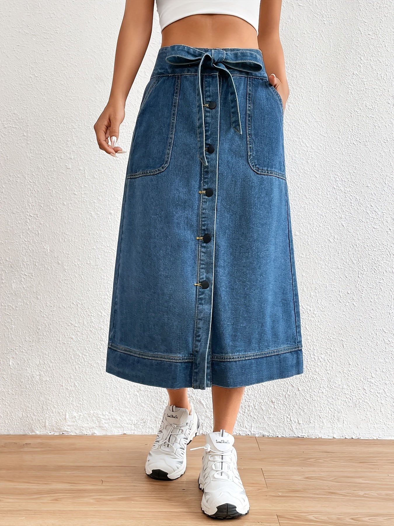 Effen Denim Midi Rok met Strikceintuur voor Dames