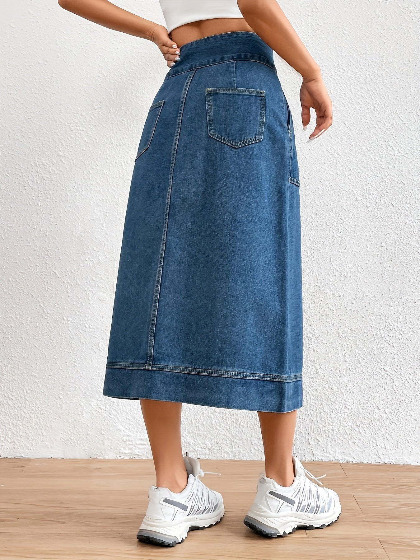 Effen Denim Midi Rok met Strikceintuur voor Dames