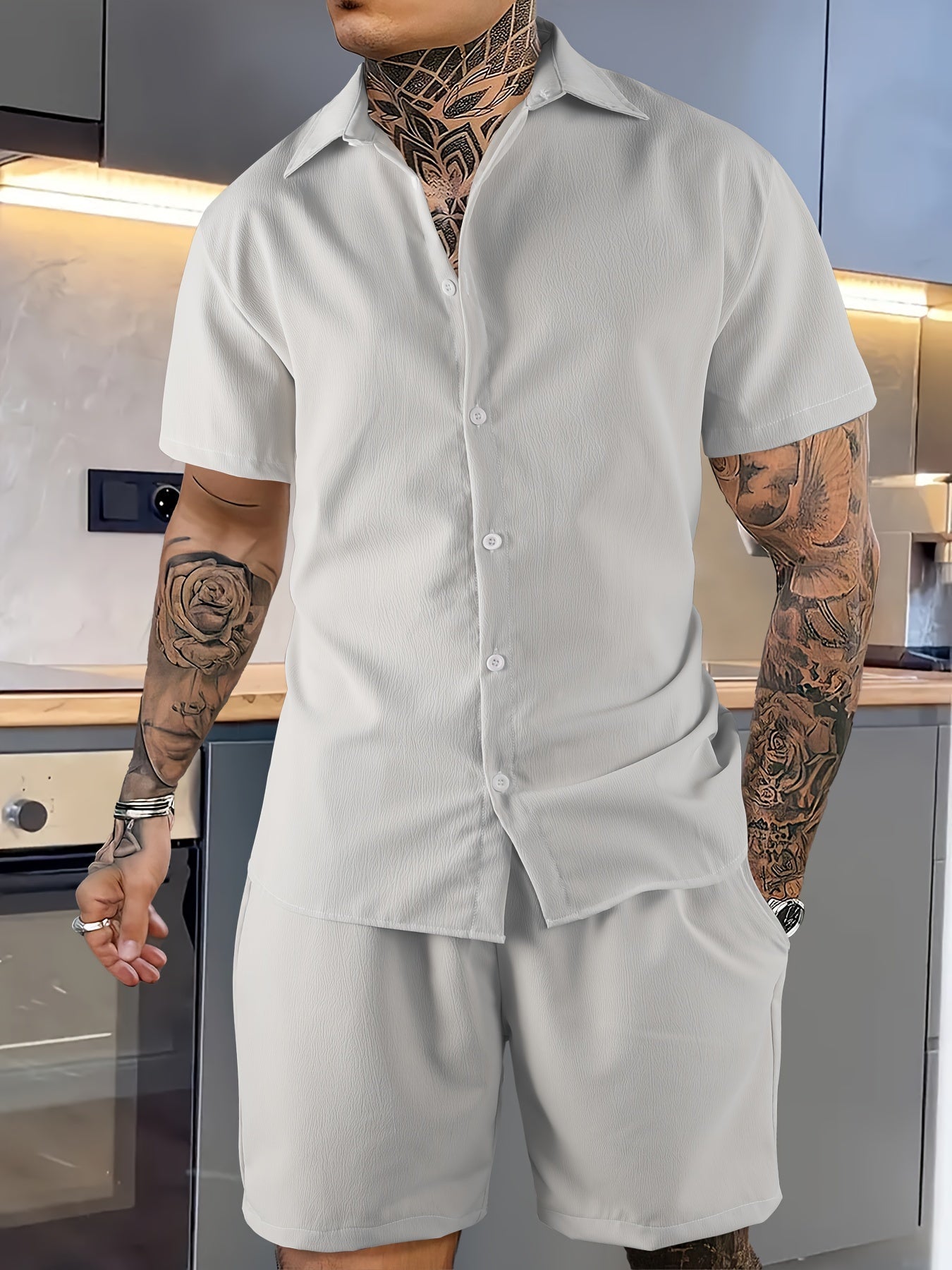 Tweedelige heren zomerset – overhemd met reverskraag en korte broek