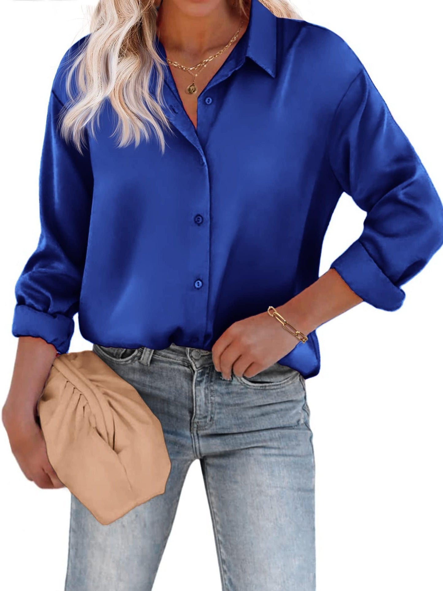 Satijnen Damesblouse met Knoopsluiting en Lange Mouwen – Casual & Elegant