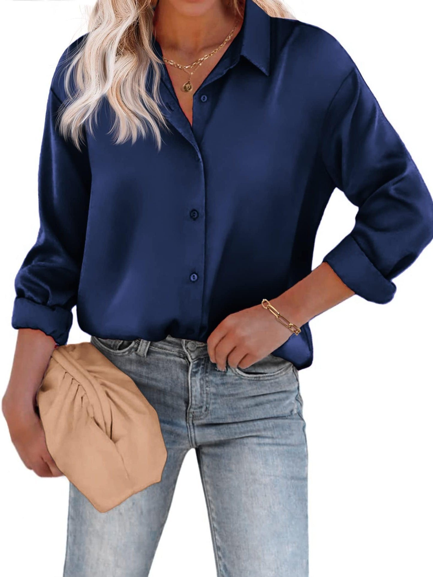 Satijnen Damesblouse met Knoopsluiting en Lange Mouwen – Casual & Elegant
