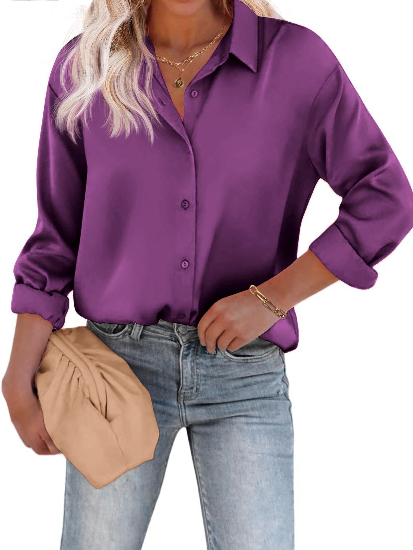 Satijnen Damesblouse met Knoopsluiting en Lange Mouwen – Casual & Elegant