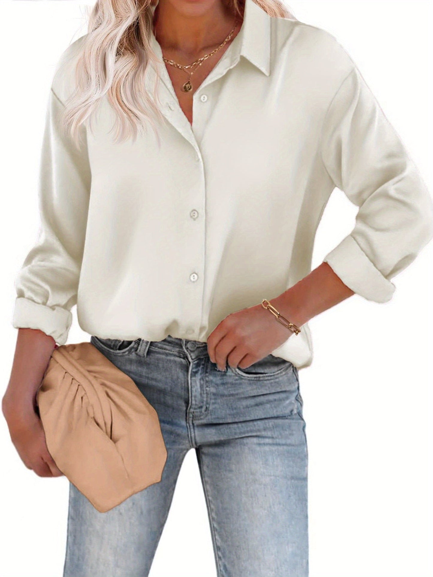 Satijnen Damesblouse met Knoopsluiting en Lange Mouwen – Casual & Elegant